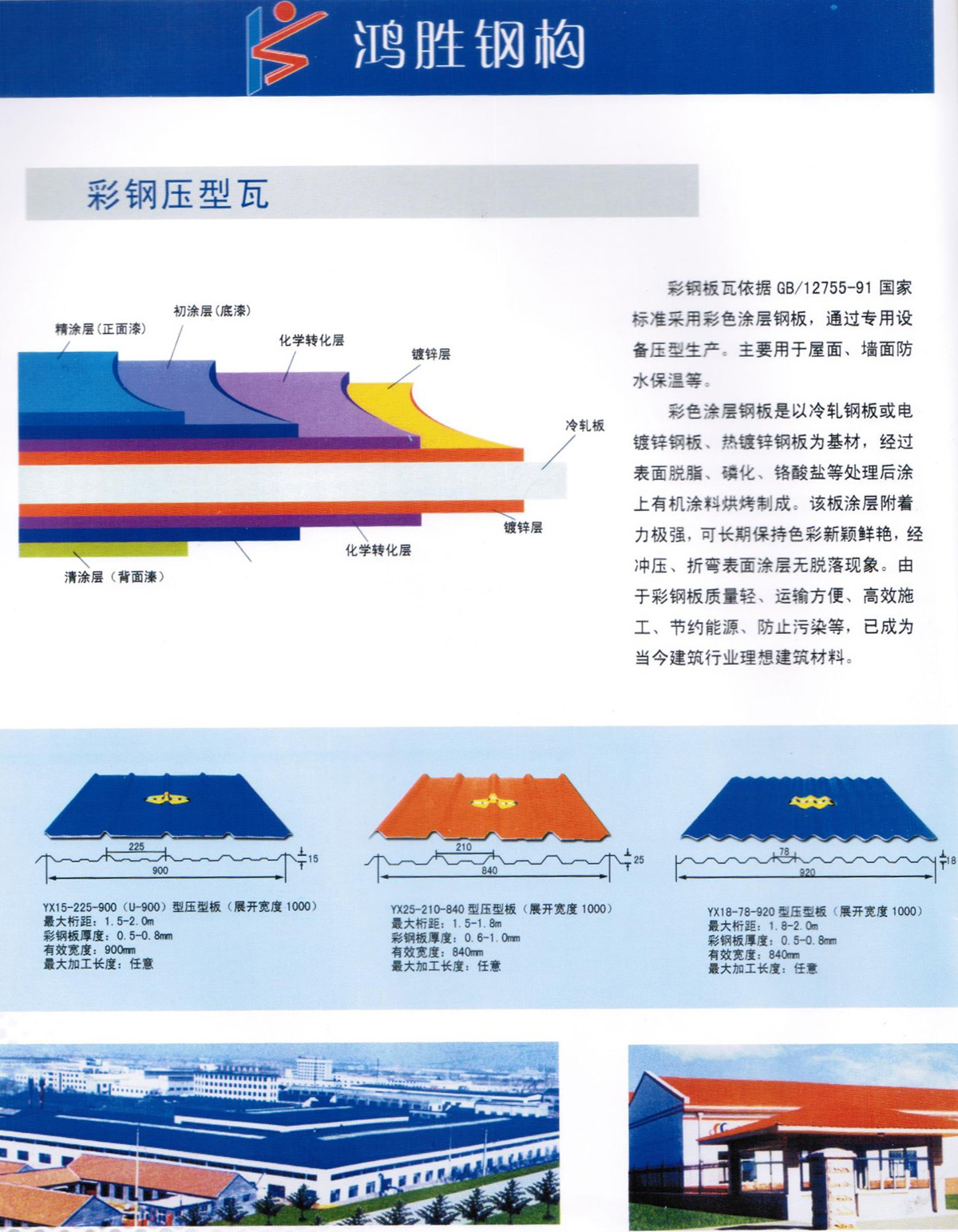 彩鋼板瓦依據(jù) GB/12755-91 國家標(biāo)準(zhǔn)采用彩色涂層鋼板，通過專用設(shè)備壓型生產(chǎn)。主要用于屋面、墻面防水保溫等。 彩色涂層鋼板是以冷軋鋼板或電鍍鋅鋼板、熱鍍鋅鋼板為基材，經(jīng)過表面脫脂、磷化、鉻酸鹽等處理后涂上有機涂料烘烤制成。該板涂層附著力極強，可長期保持色彩新穎鮮艷，經(jīng)沖壓、折彎表面涂層無脫落現(xiàn)象。由于彩鋼板質(zhì)量輕、運輸方便、高效施工、節(jié)約能源、防止污染等，已成為當(dāng)今建筑行業(yè)理想建筑材料。